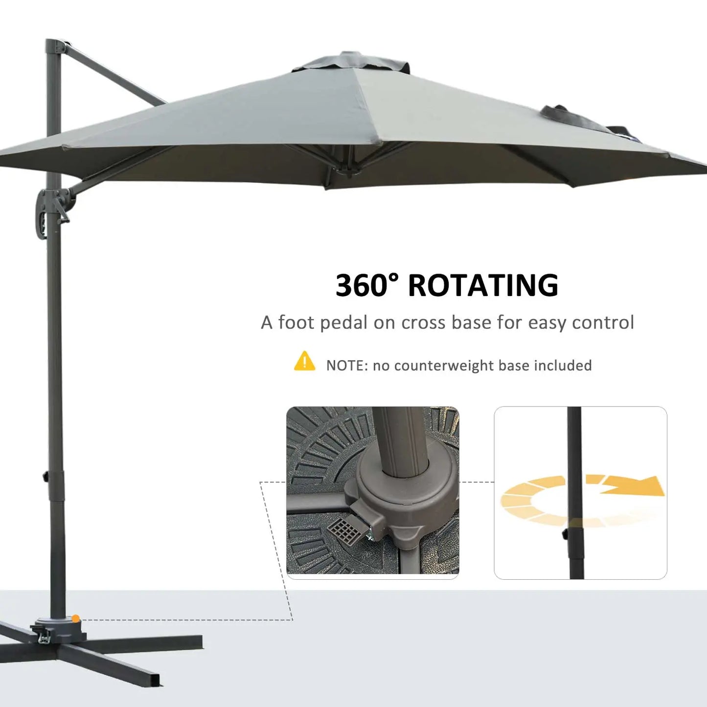 360-degree rotating outdoor umbrella with foot pedal on cross base for easy control, on a white background.