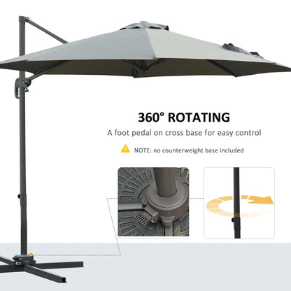 360-degree rotating outdoor umbrella with foot pedal on cross base for easy control, on a white background.