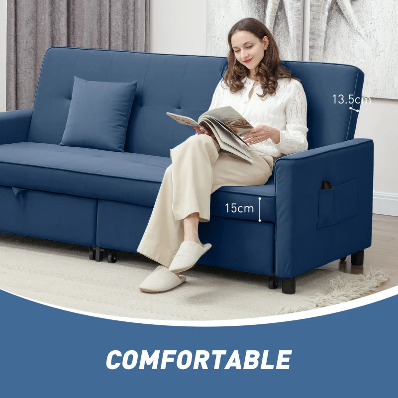 Woman sitting on a blue sofa reading a magazine with measurements displayed.