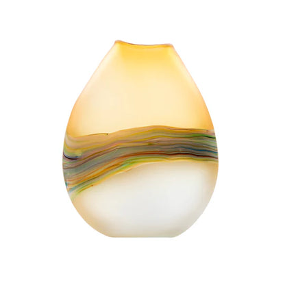 Glass vase with multicolored swirl design on a white background