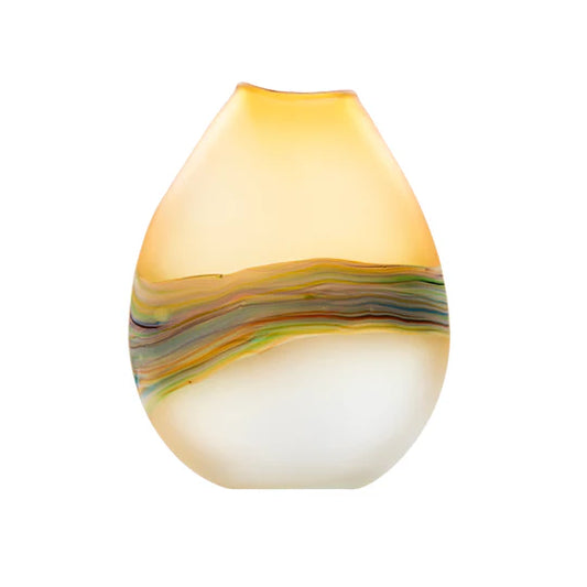 Glass vase with multicolored swirl design on a white background