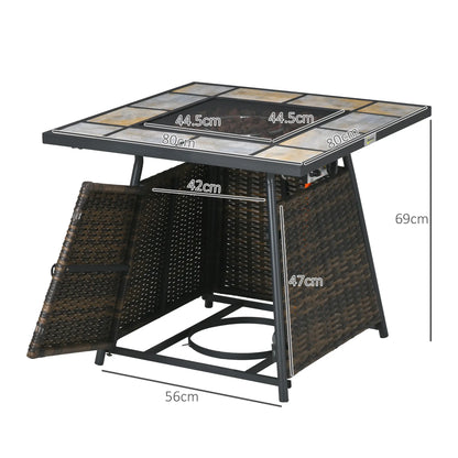 Wicker outdoor table with tiled top and dimensions indicated