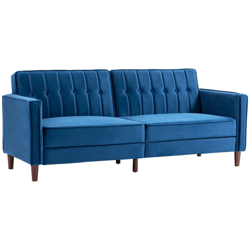 Blue sofa with tufted backrest on a white background