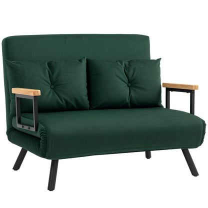 Green futon sofa with wooden armrests on a white background