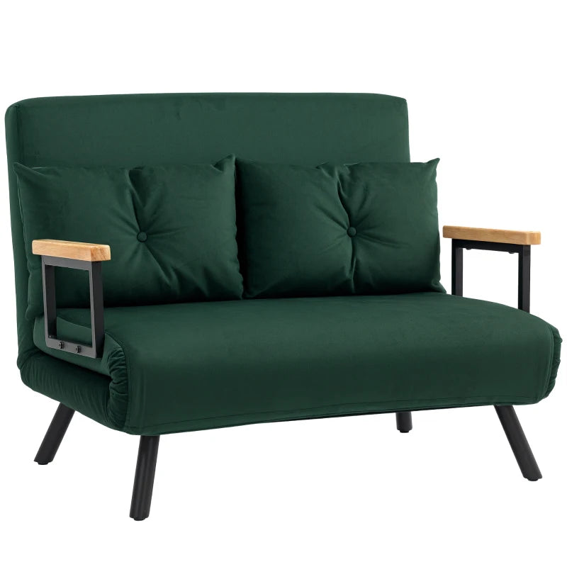 Green futon sofa with wooden armrests on a white background