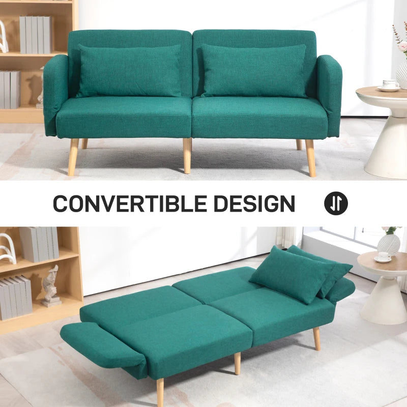 Teal convertible sofa in a living room setting with 'Convertible Design' text.