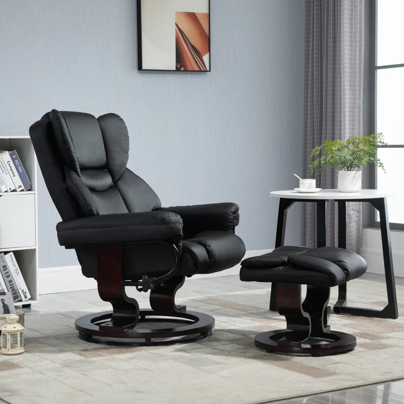 Black recliner chair with ottoman in a living room setting