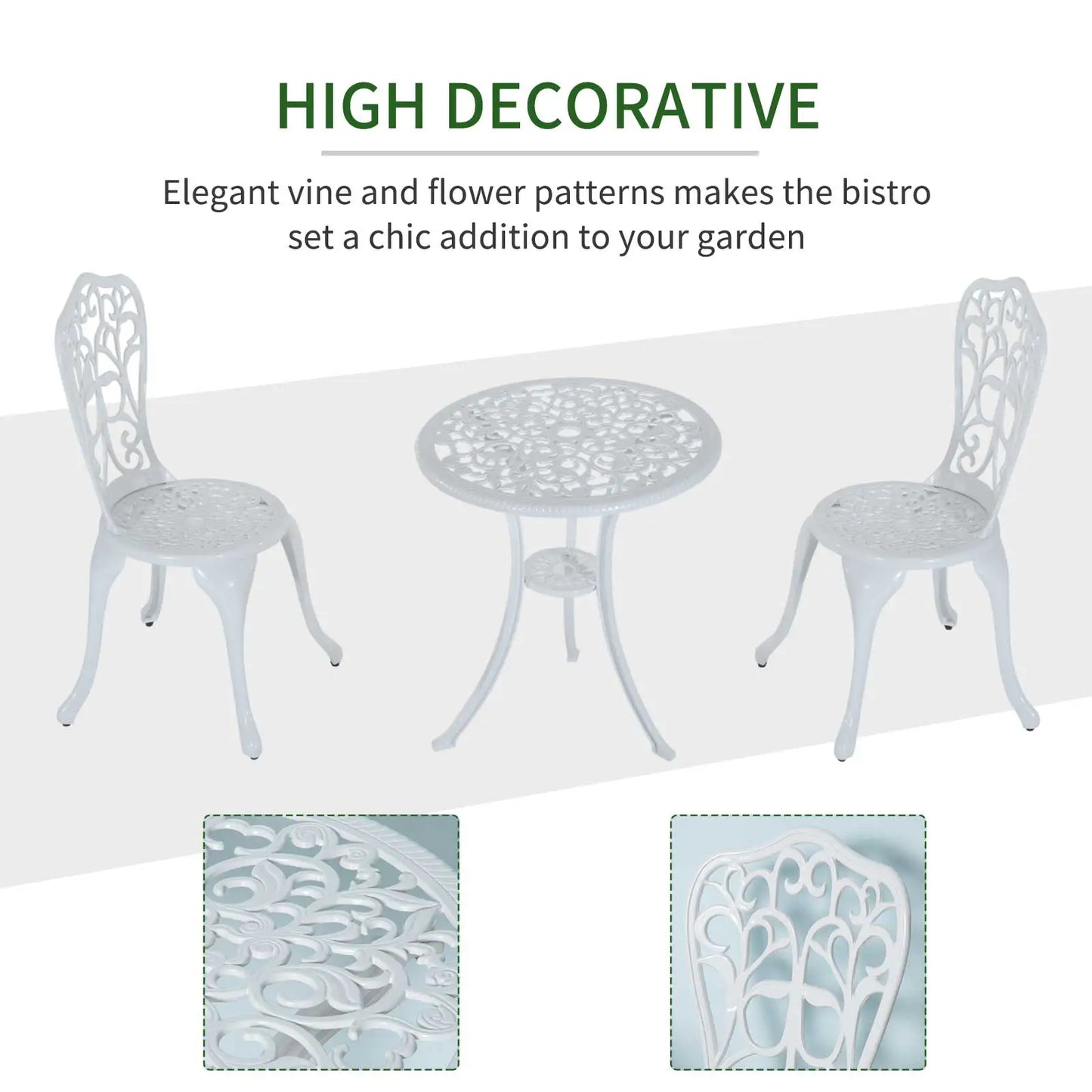 White outdoor bistro set with decorative vine and flower patterns on a white background.