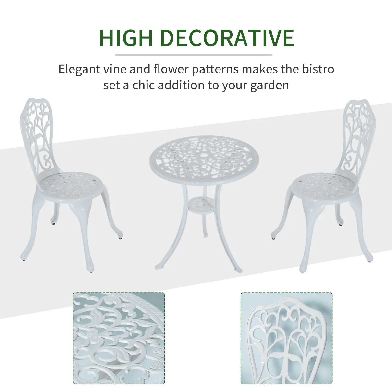 White outdoor bistro set with decorative vine and flower patterns on a white background.