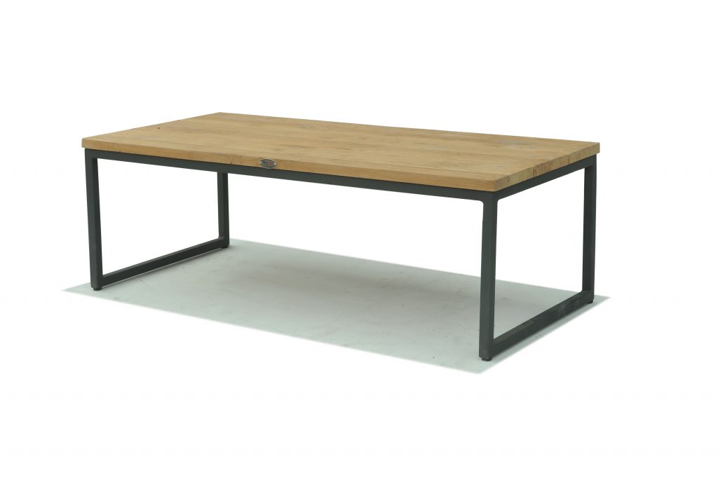 Wooden table with black metal frame on a white background