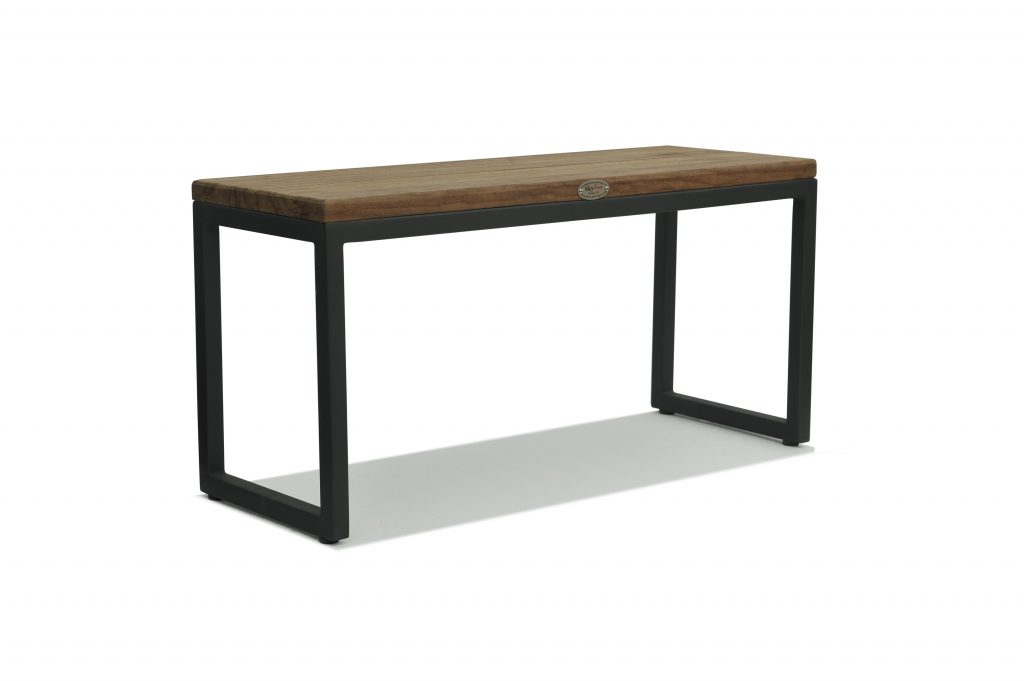 Wooden table with black metal legs on a white background