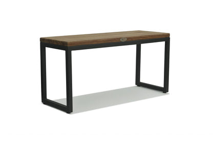 Wooden table with black metal legs on a white background