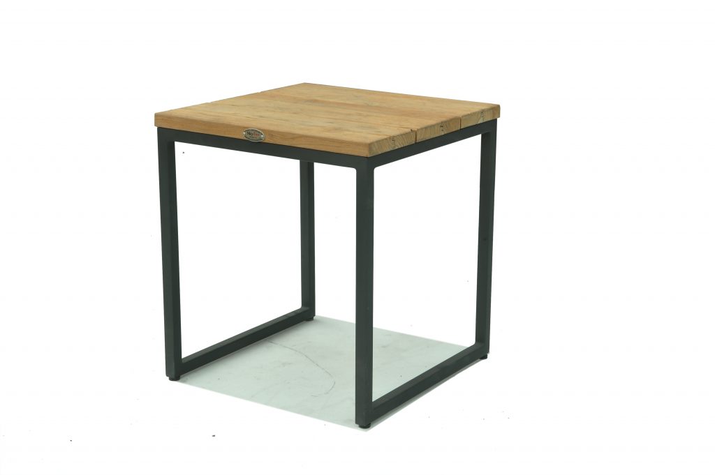 Square wooden table with black metal frame on a white background