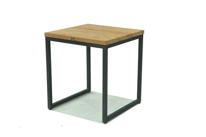 Square wooden table with black metal frame on a white background