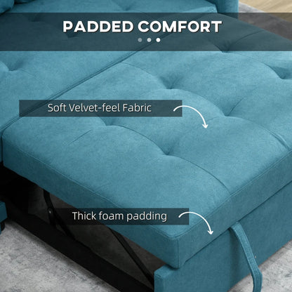Blue sofa with text highlighting 'Padded Comfort', 'Soft Velvet-feel Fabric', and 'Thick foam padding'.