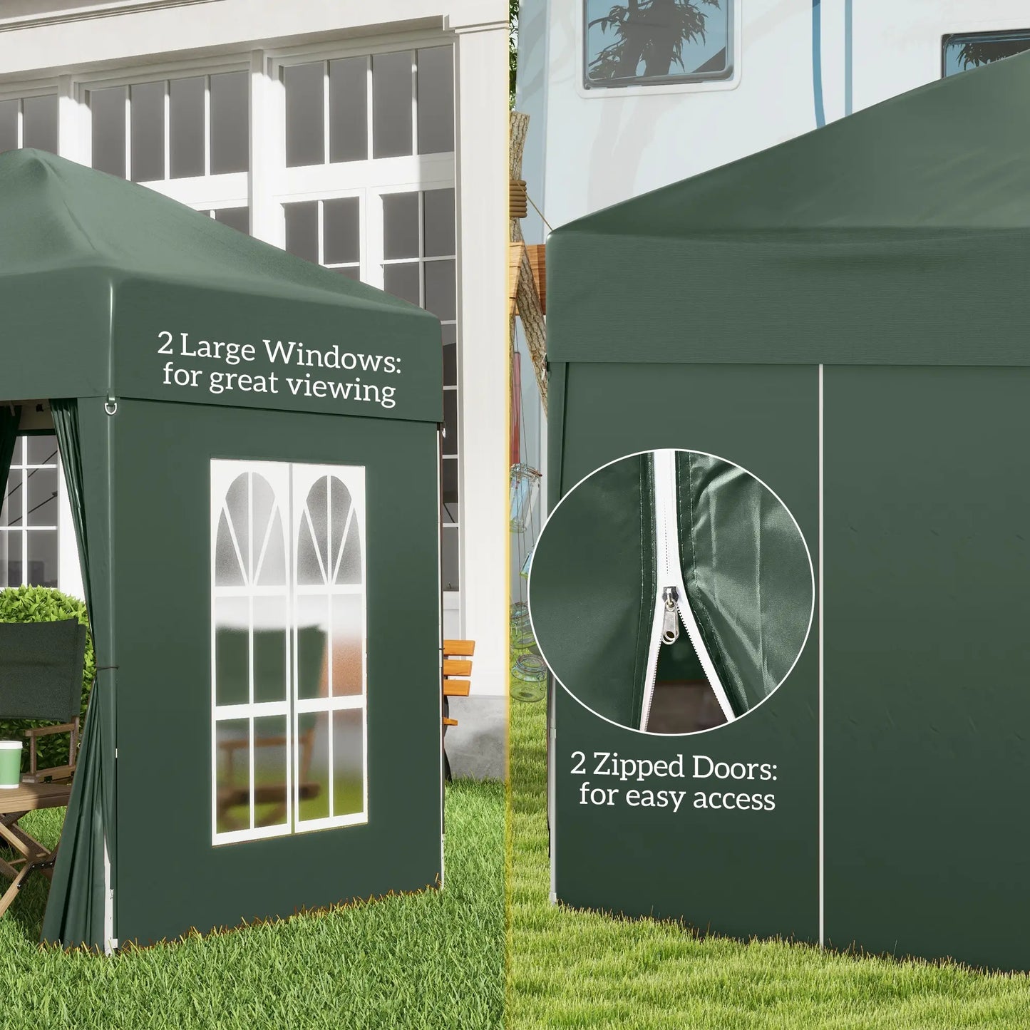 Green outdoor gazebo with text highlighting features on a grassy area.