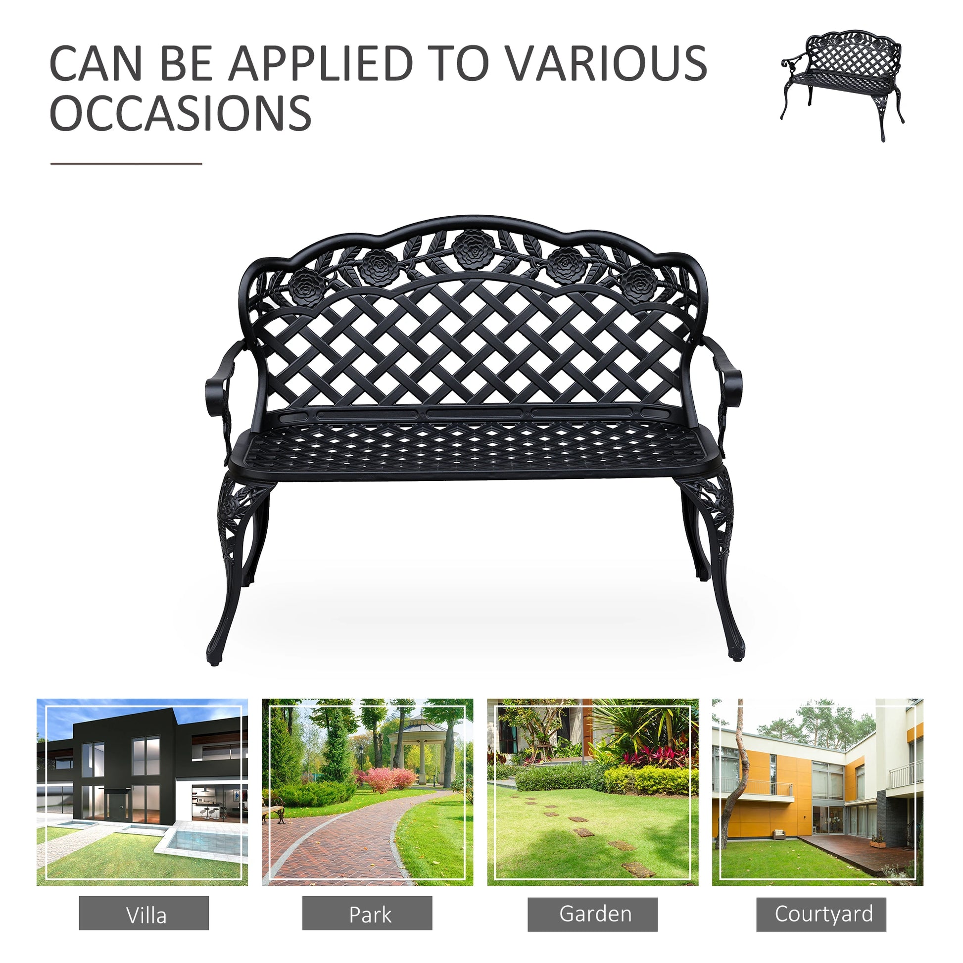 Black metal bench with decorative patterns on a white background, shown in various outdoor settings.