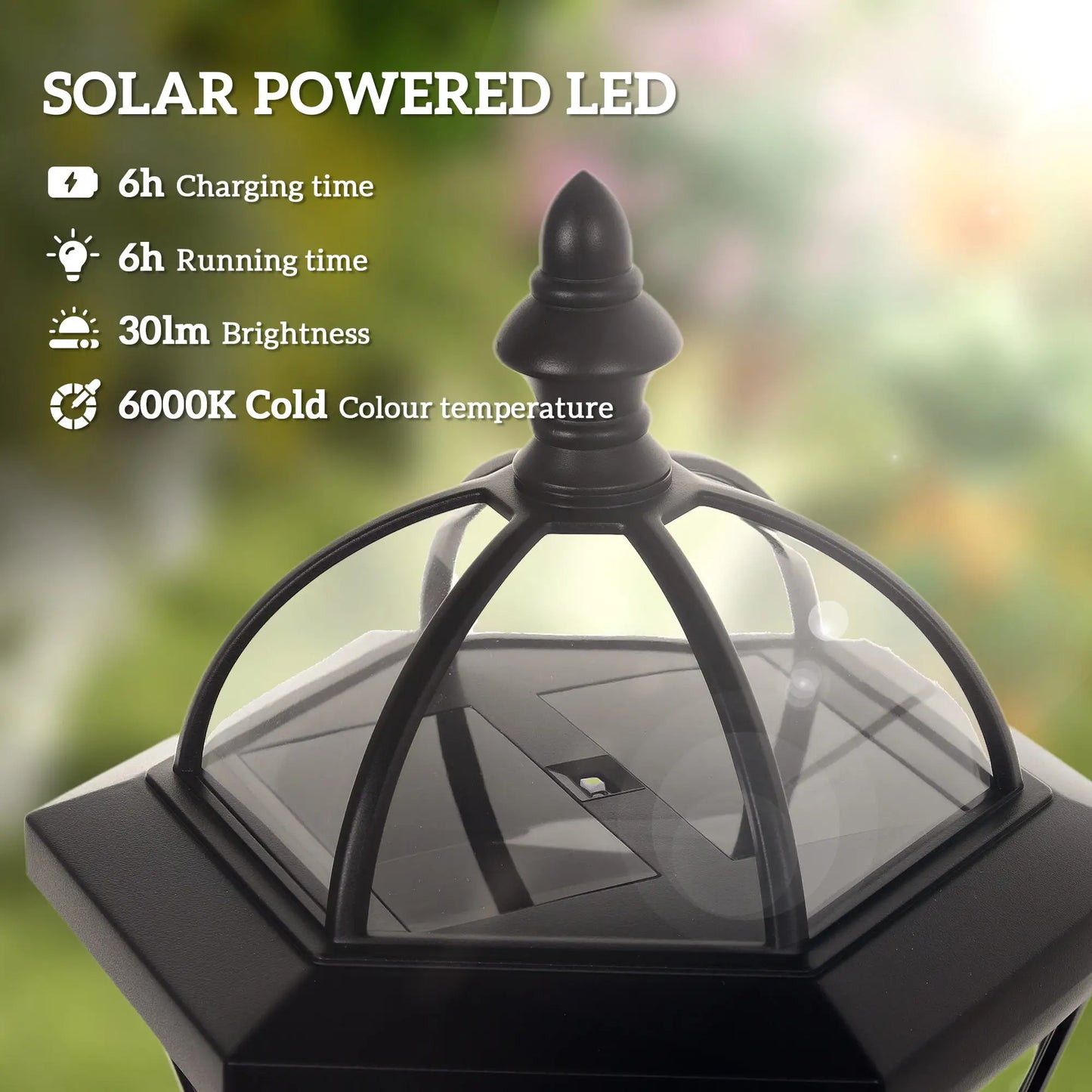 Solar-powered LED light fixture with charging and running time details on a blurred green background