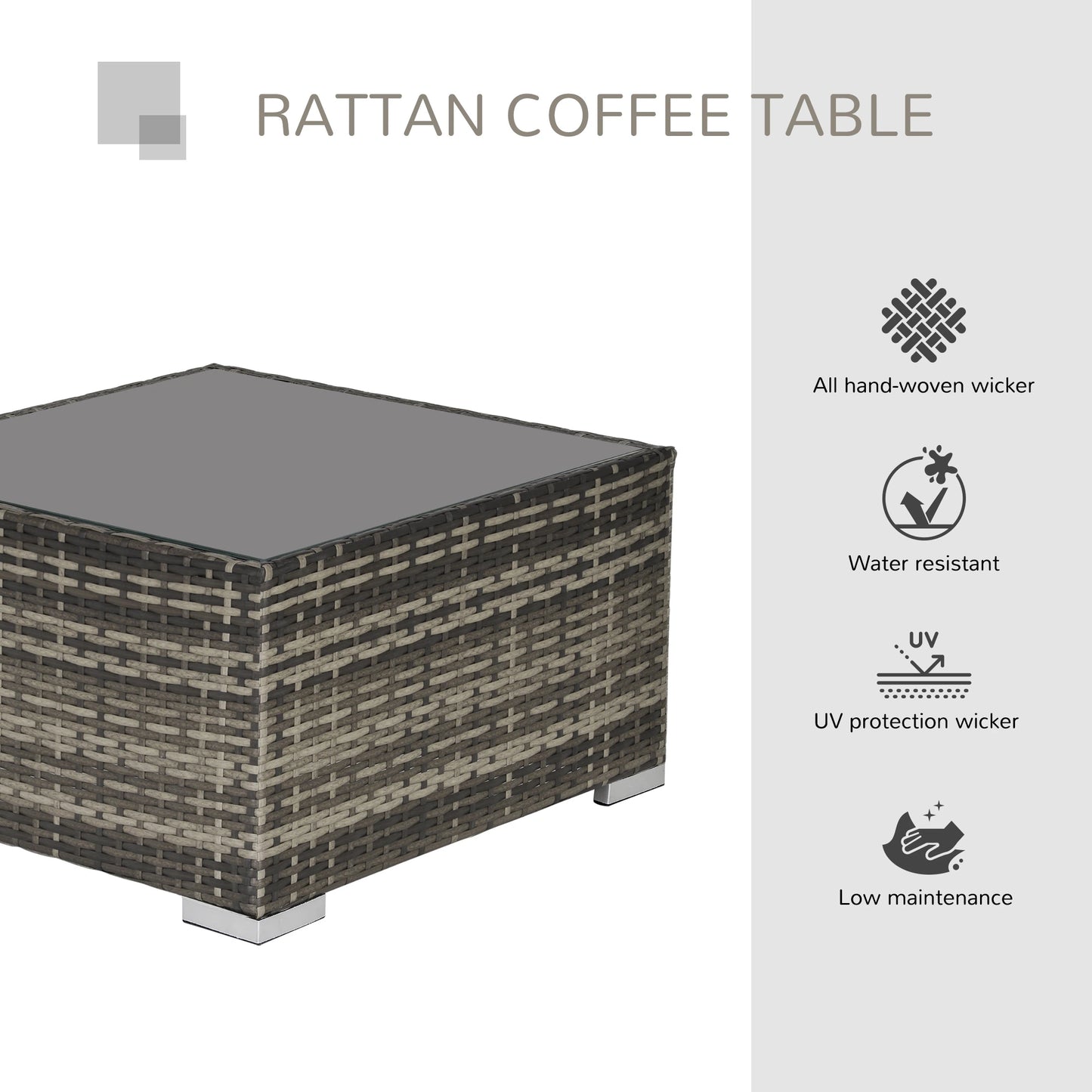 Rattan coffee table with gray top on a white background, featuring text about material and features.
