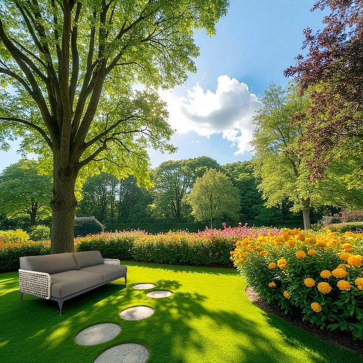 Garden with a sofa, flowers, and trees under a blue sky