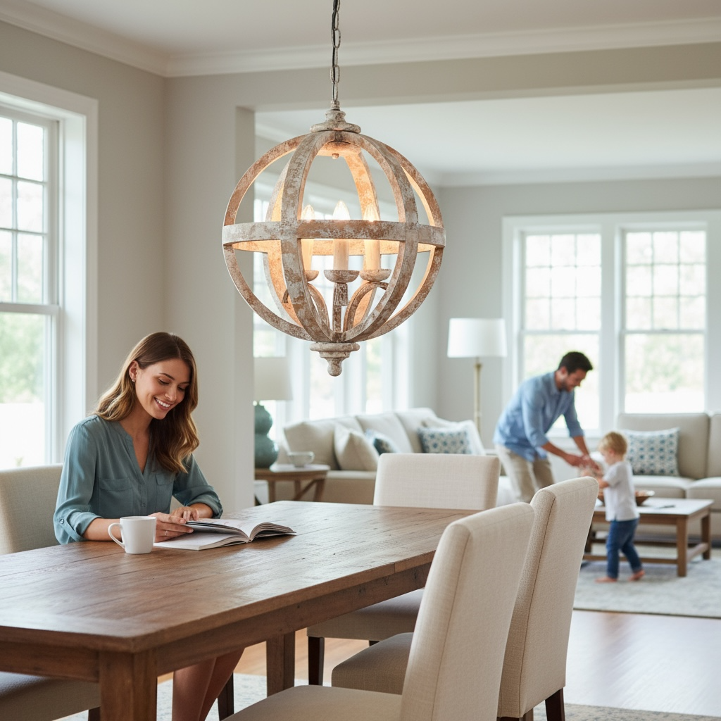 Woman reading a book at a dining table with a family in the background