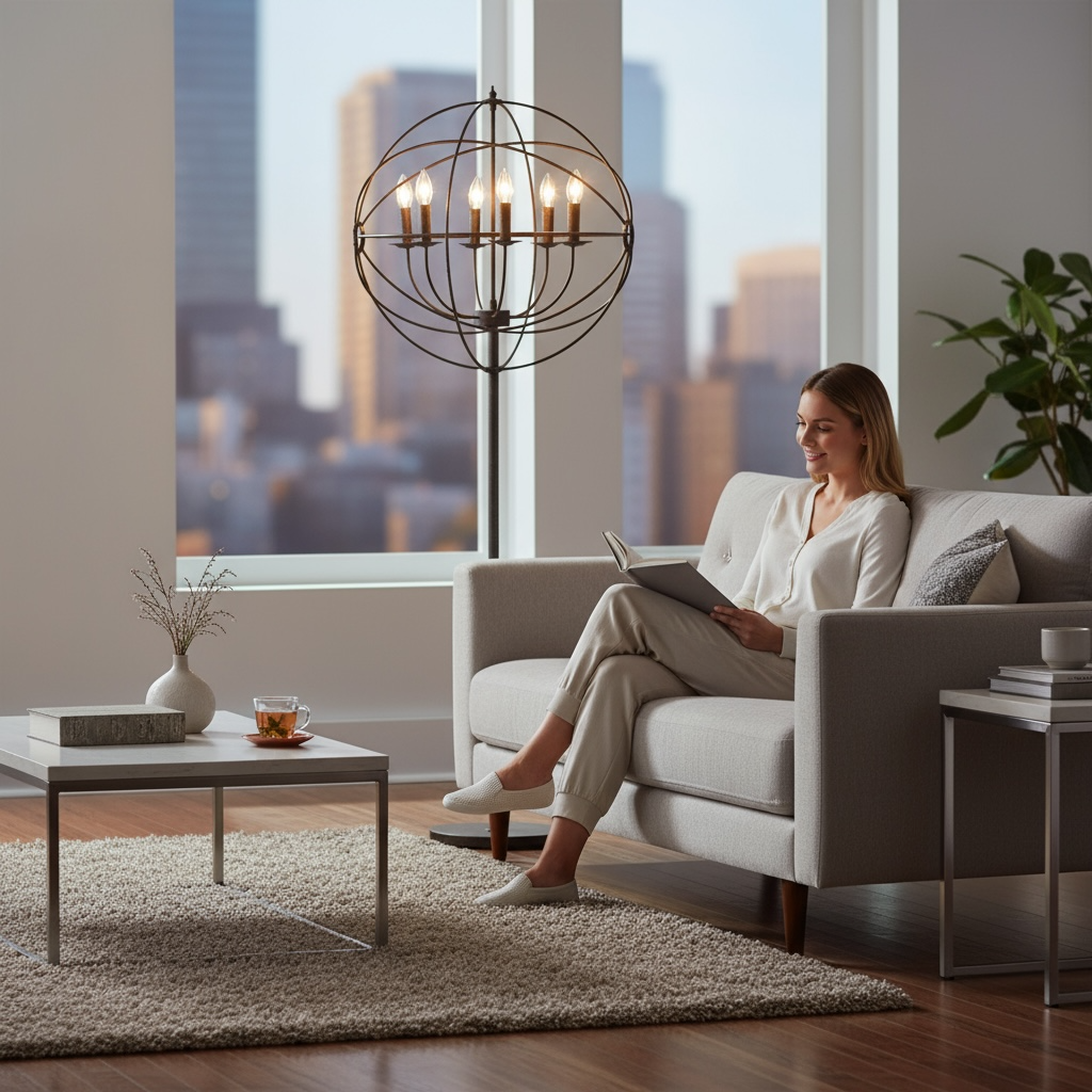 Woman reading a book on a couch in a modern living room with cityscape view