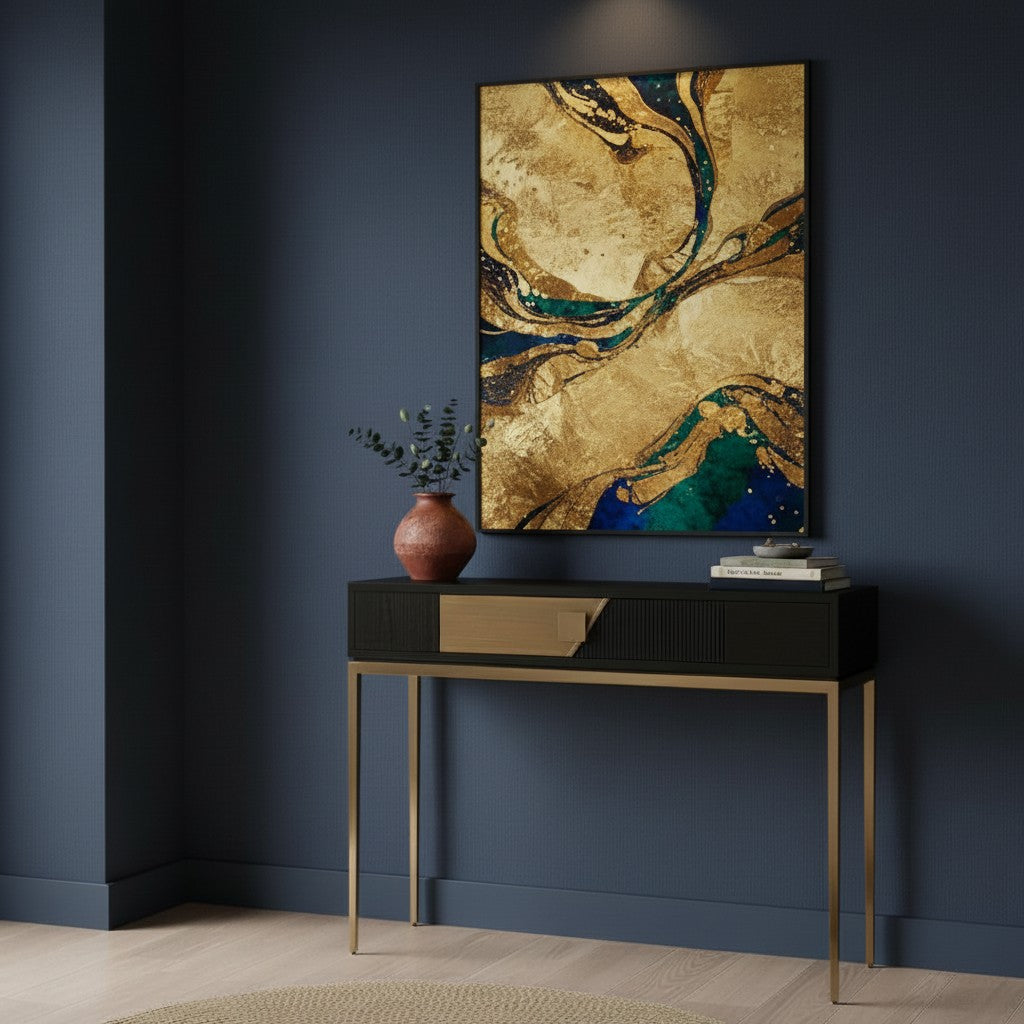 Abstract painting on a dark blue wall above a console table with decorative items.