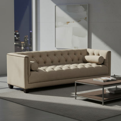 Beige tufted sofa in a modern living room with a coffee table and abstract art on the wall.