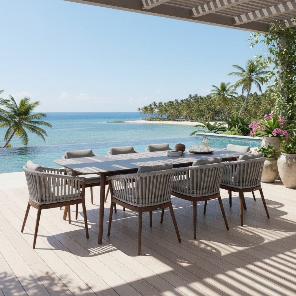 Jardinico Veridian Premium Teak Outdoor Dining Set with table and chairs in a stylish patio setting