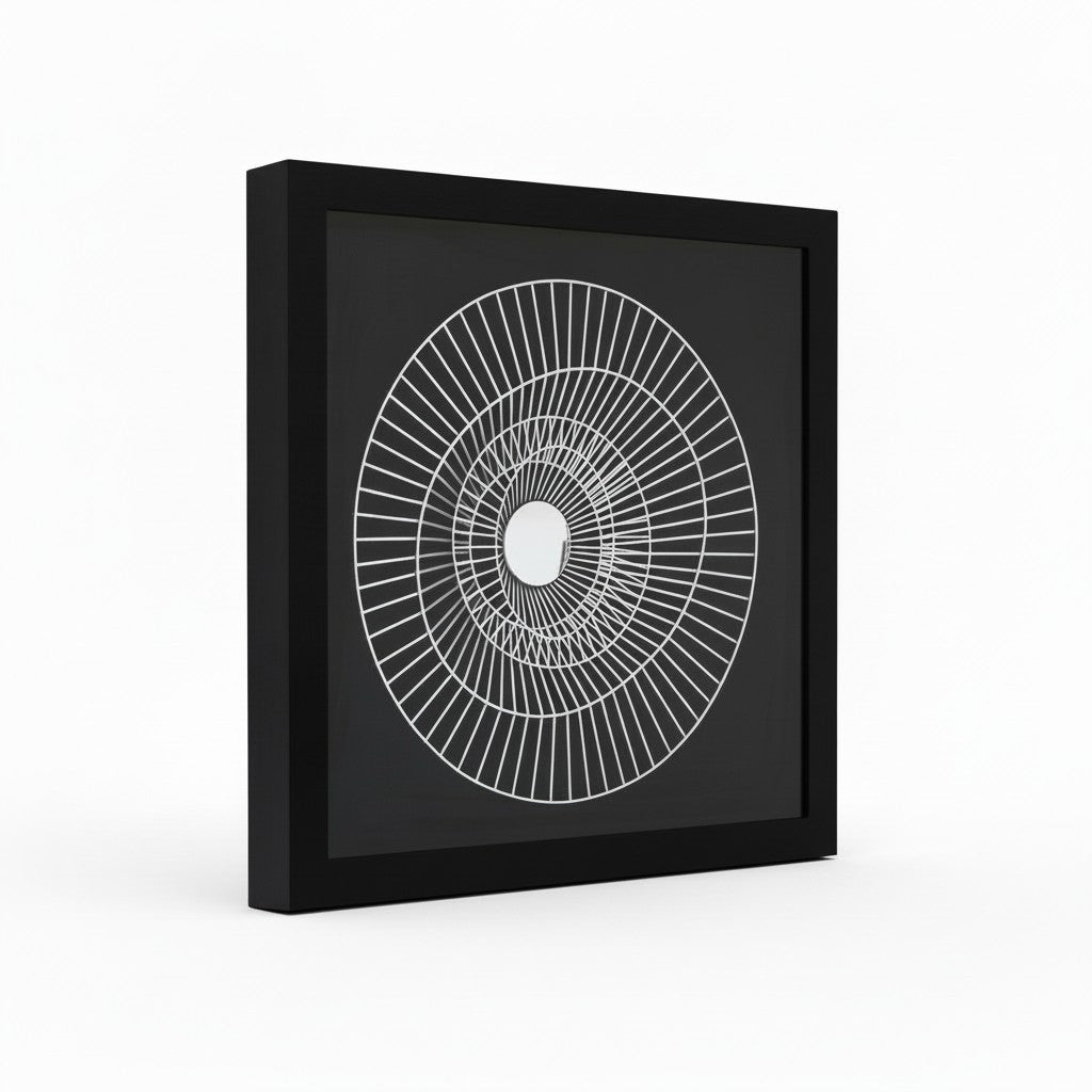 Framed black and white geometric art on a white background