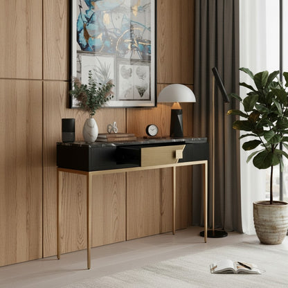 Modern interior with a wooden console table, decorative items, and a plant.