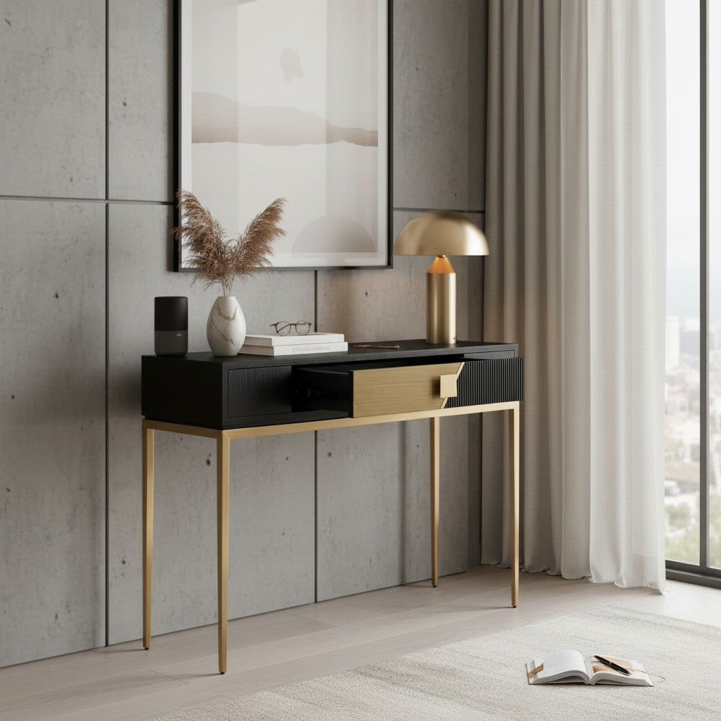 Modern console table with decorative items against a gray wall.