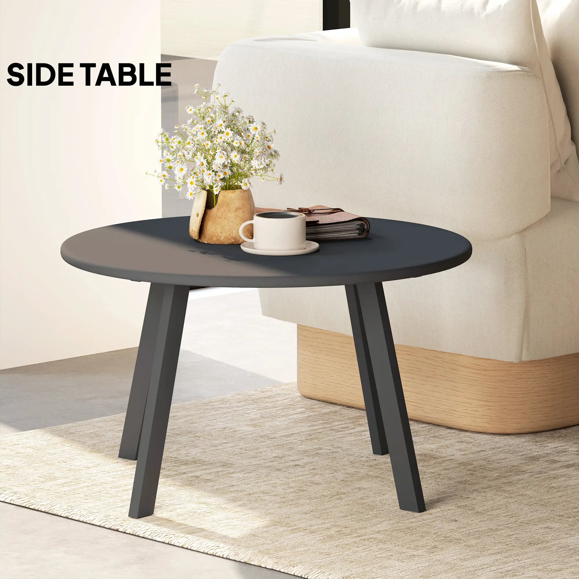 Black side table with a cup, saucer, and small plant in a living room setting.
