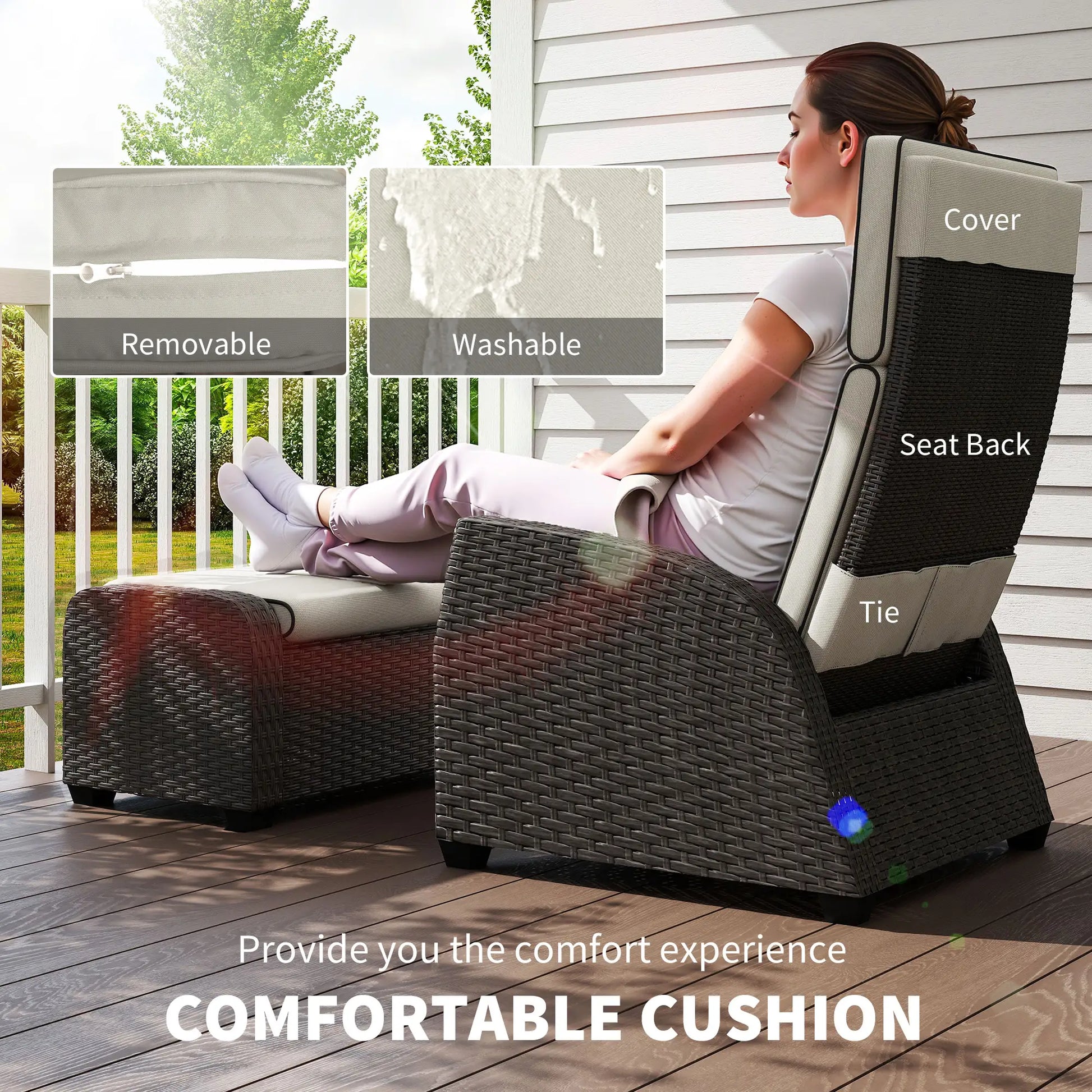 Woman sitting on a cushioned chair with text highlighting features and comfort experience.