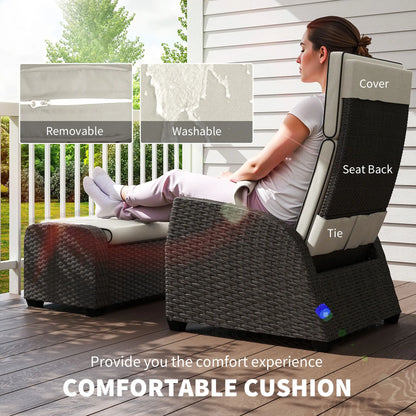 Woman sitting on a cushioned chair with text highlighting features and comfort experience.