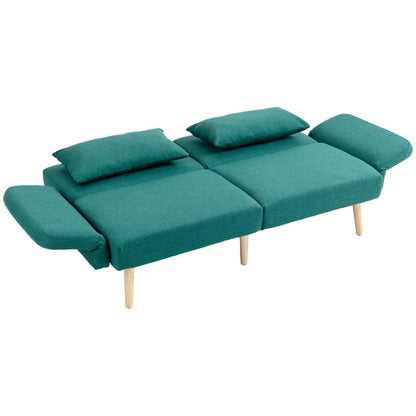 Teal sofa bed with cushions on a white background