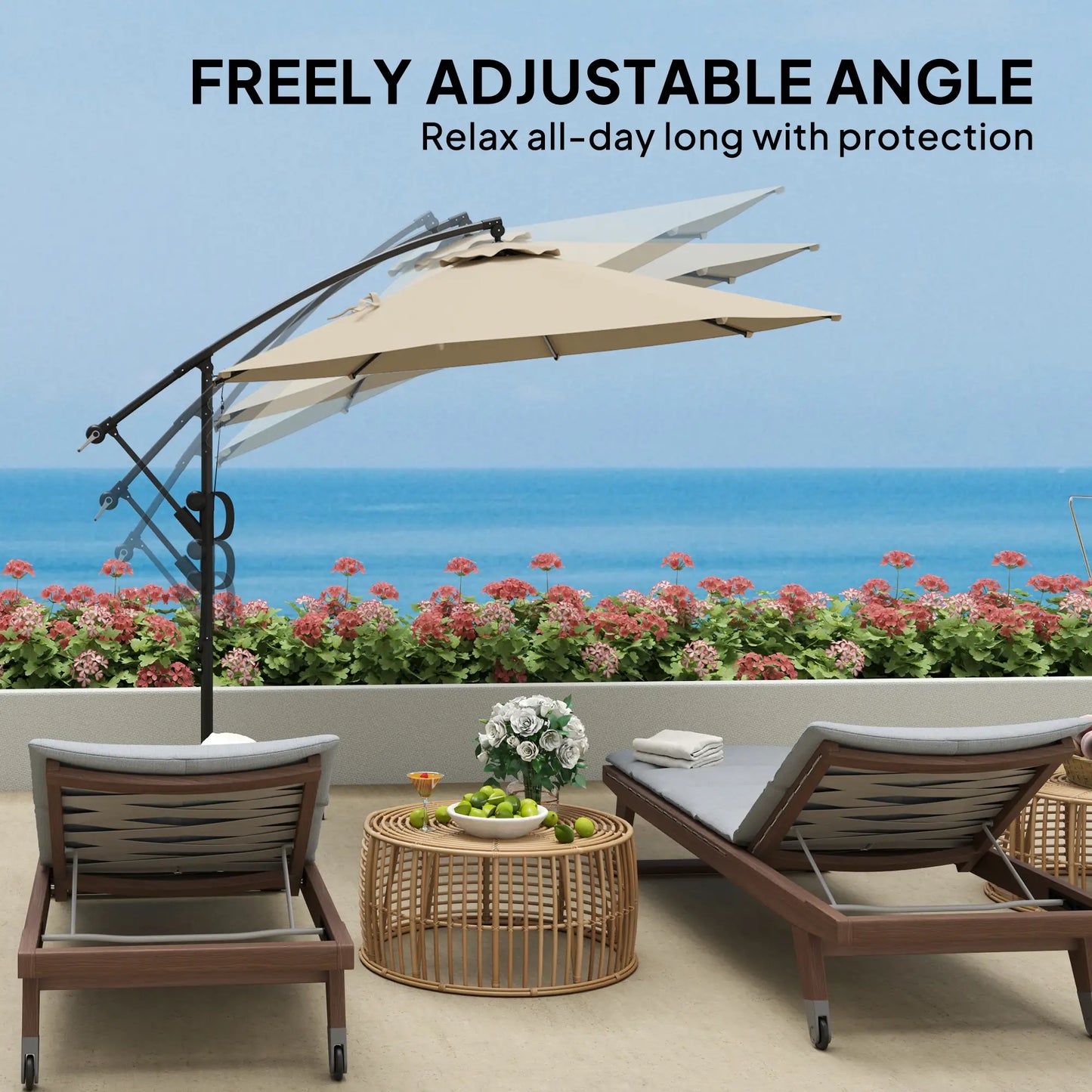 Outdoor patio setup with adjustable umbrella, chairs, and table by the ocean.