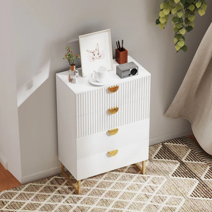 White nightstand with gold accents in a room setting
