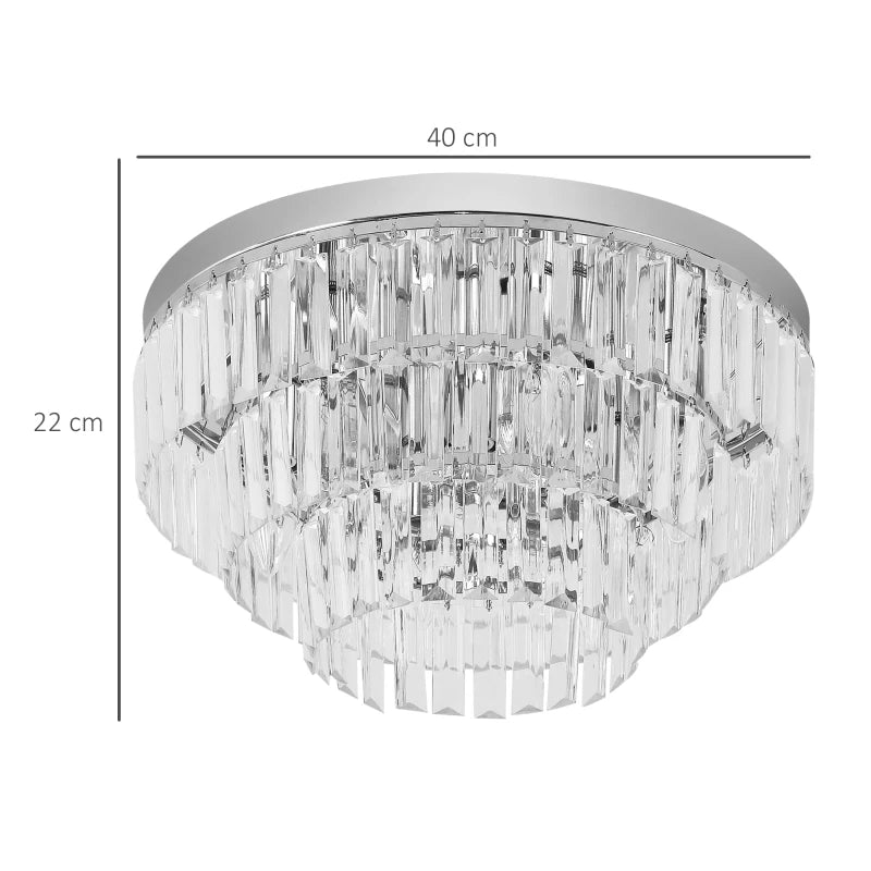 Crystal ceiling light fixture with dimensions on a white background