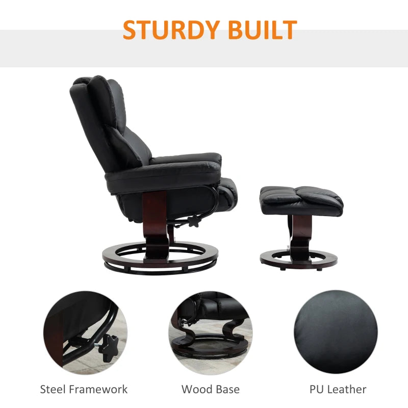 Black recliner chair with ottoman on a white background, featuring 'Sturdy Built' text.