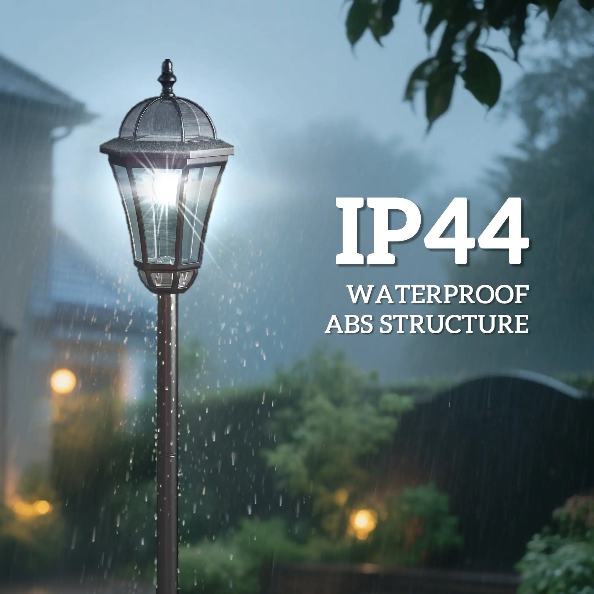 Street lamp in rain with 'IP44 Waterproof ABS Structure' text