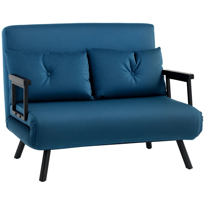 Blue sofa with black armrests and legs on a white background