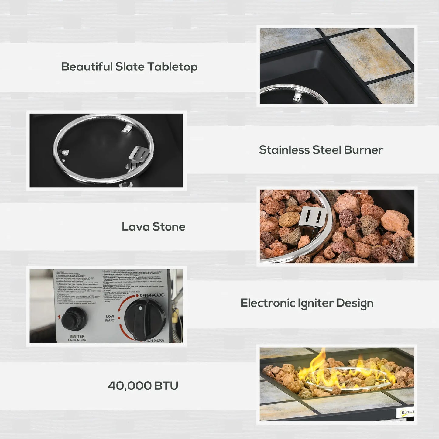 Features of a gas grill including a slate tabletop, stainless steel burner, lava stone, electronic igniter design, and 40,000 BTU rating.