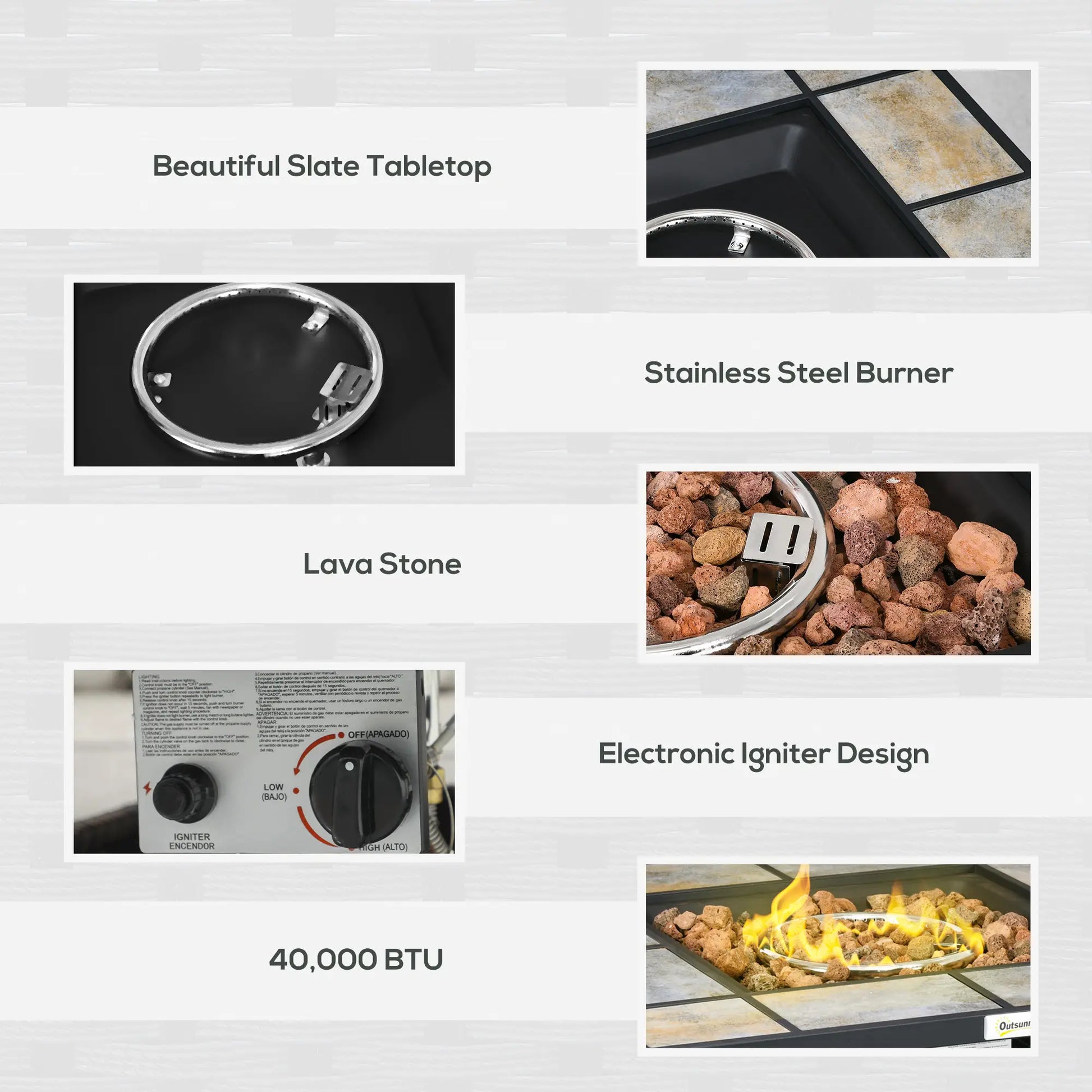 Features of a gas grill including a slate tabletop, stainless steel burner, lava stone, electronic igniter design, and 40,000 BTU rating.