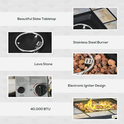 Features of a gas grill including a slate tabletop, stainless steel burner, lava stone, electronic igniter design, and 40,000 BTU rating.