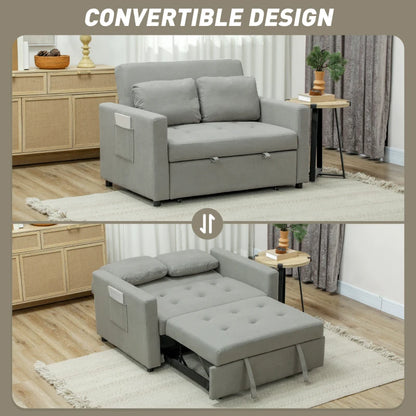 Gray convertible sofa in a living room setting with storage drawers.