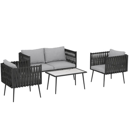 Outdoor furniture set with a sofa, two chairs, and a table on a white background