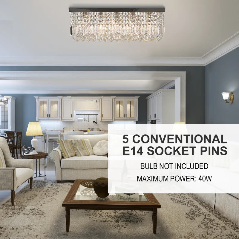 Living room with modern chandelier and text overlay about E14 socket pins.