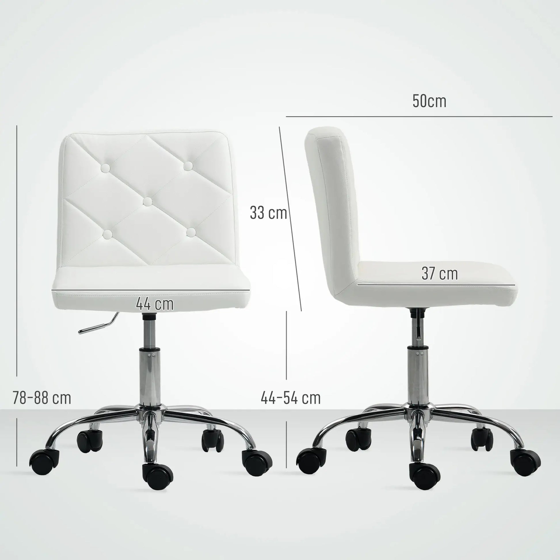 Two white office chairs with dimensions labeled on a light gray background