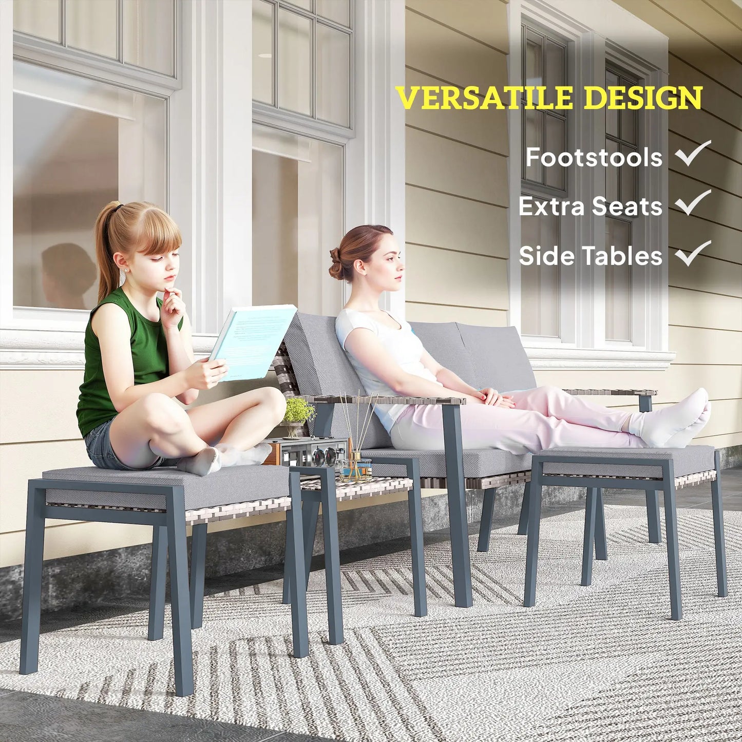 Two people sitting on outdoor furniture with text highlighting versatility.